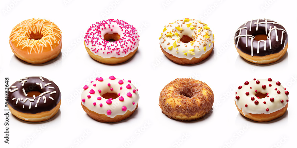 Against a blank white background, a delectable assortment of diverse donuts takes center stage, as if right off a cafe menu. Against a blank white background, a delectable assortment of diverse donuts takes center stage, as if right off a cafe menu.