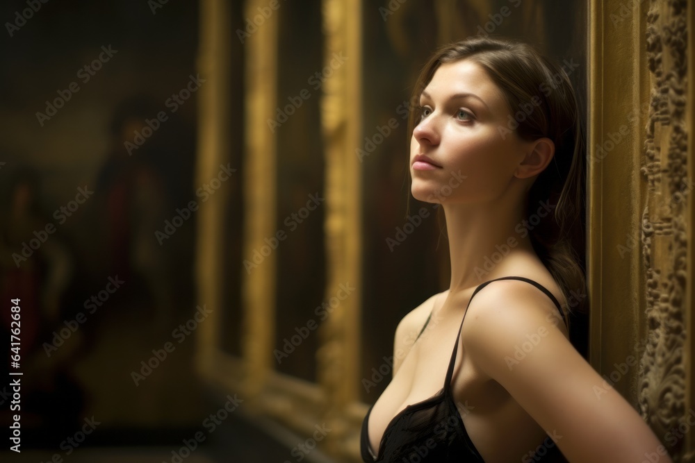 Photography in the style of pensive portraiture of a glad girl in her 40s wearing an elegant corset at the uffizi gallery in florence italy. With generative AI technology Photography in the style of pensive portraiture of a glad girl in her 40s wearing an elegant corset at the uffizi gallery in florence italy. With generative AI technology