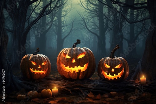 Halloween background with scary pumpkins in dark forest.Generative Ai