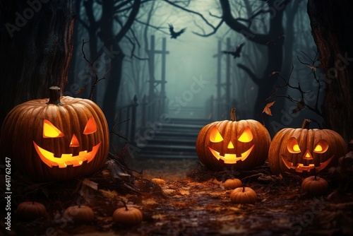Halloween background with scary pumpkins in dark forest.Generative Ai © Rudsaphon