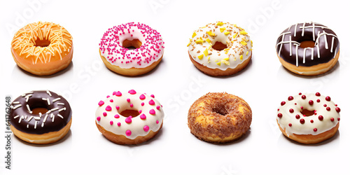 Against a blank white background, a delectable assortment of diverse donuts takes center stage, as if right off a cafe menu.