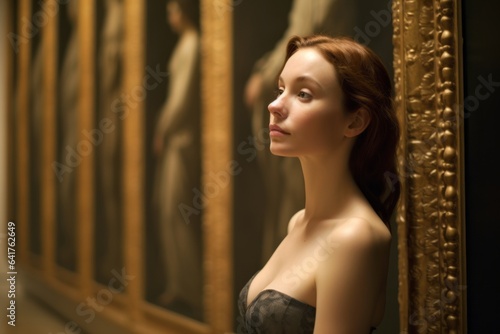 Photography in the style of pensive portraiture of a glad girl in her 40s wearing an elegant corset at the uffizi gallery in florence italy. With generative AI technology