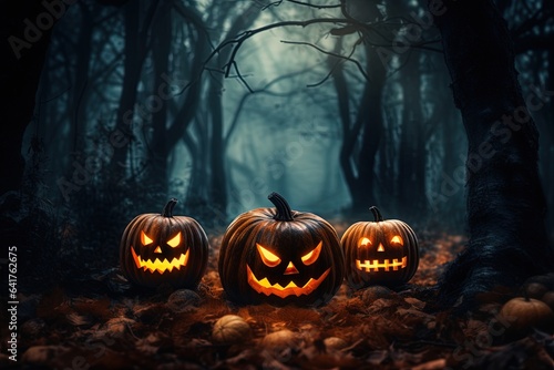 Halloween background with scary pumpkins in dark forest.Generative Ai