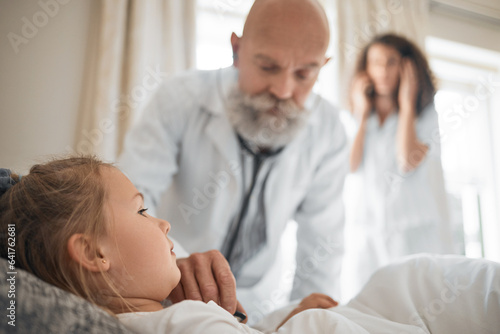 Sick, stethoscope and doctor with child in bedroom for consulting, breathing and medical checkup. Healthcare, helping and cardiology with people in family home for inspection, wellness and exam