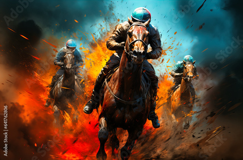race horse racing with jockeys on horses on dusty track