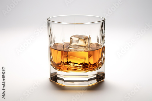 Glass of whiskey bourbon on ice on white studio background
