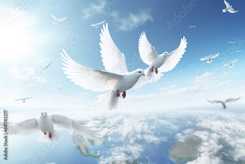 Doves flying around the world, symbol of peace