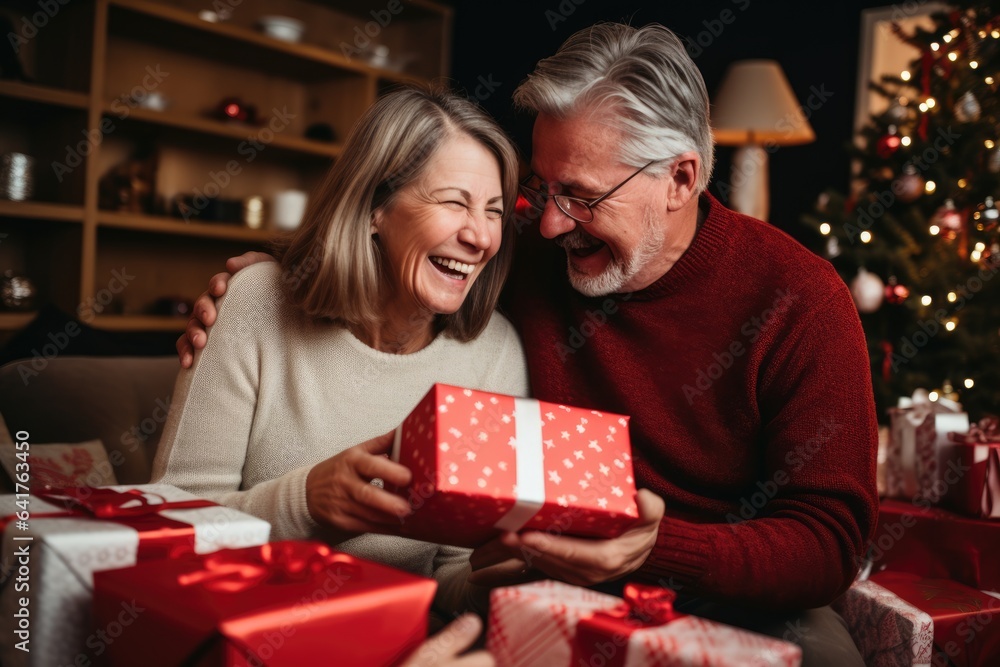 Celebrating Christmas with Joy: Middle-Aged Couple Exchanging Gifts: Concept for Seasonal Togetherness, Mature Love, and Holiday Enjoyment - Generative AI