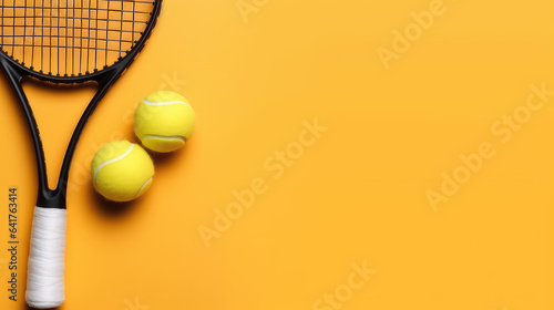 Top view of green Tennis ball and racket isolated on flat surface background with copy space for text. © IndigoElf