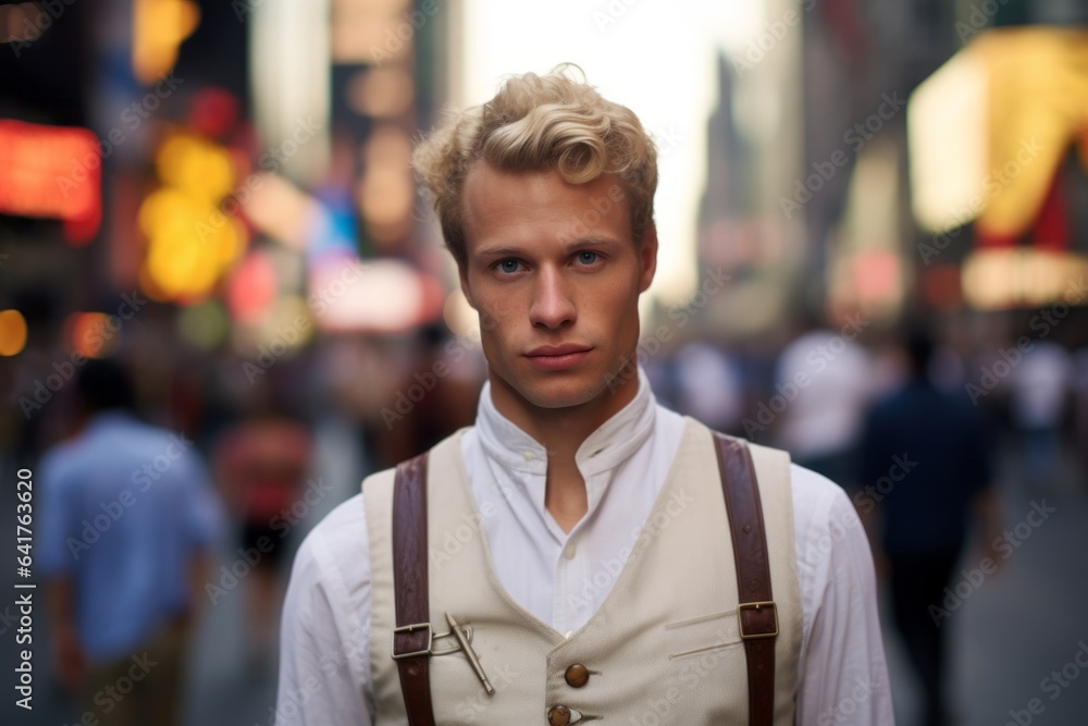 Medium shot portrait photography of a glad boy in his 30s wearing an elegant corset at the times square in new york usa. With generative AI technology Medium shot portrait photography of a glad boy in his 30s wearing an elegant corset at the times square in new york usa. With generative AI technology