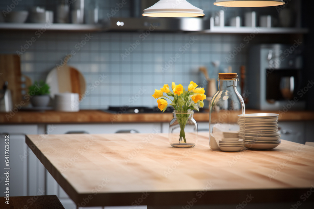 A beautiful kitchen background with a semi-empty countertop and decorations with space for a product or object.generative ai
A beautiful kitchen background with a semi-empty countertop and decorations with space for a product or object.generative ai