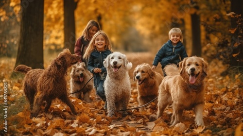 Children with golden retriever dog in autumn park. Selective focus.