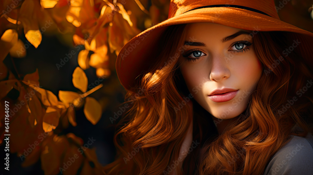 smiling woman model front view facing the camera . hat. scene in autumn park smiling woman model front view facing the camera . hat. scene in autumn park