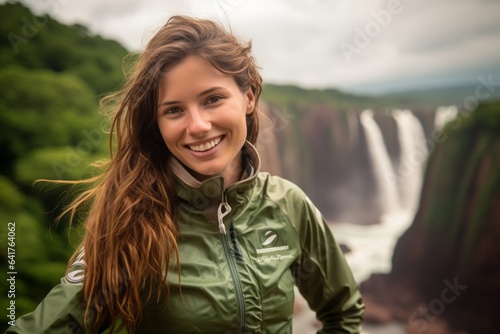 Medium shot portrait photography of a happy girl in her 20s wearing a padded cycling jersey at the iguazu falls argentina-brazil border. With generative AI technology