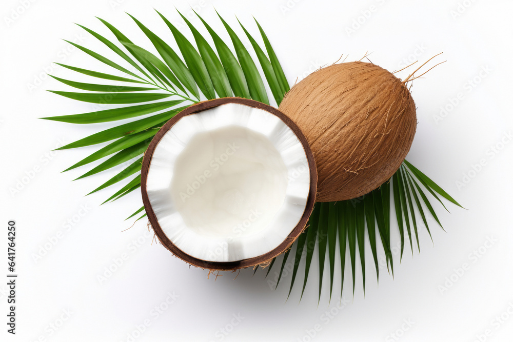 Fresh coconut whole and cut in half with palm leaf isolated on white background, top view.generative ai
 - obrazy, fototapety, plakaty 