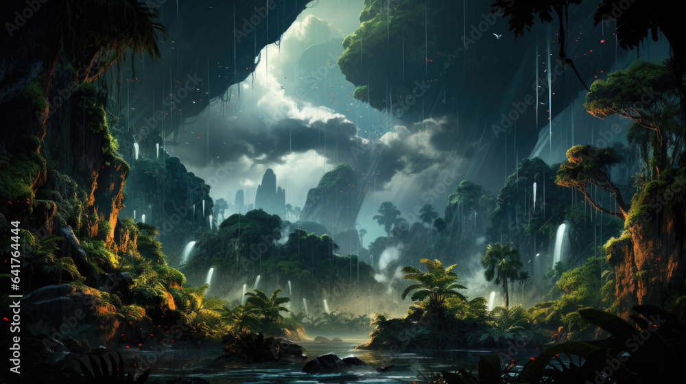 a prehistoric jungle in the rain