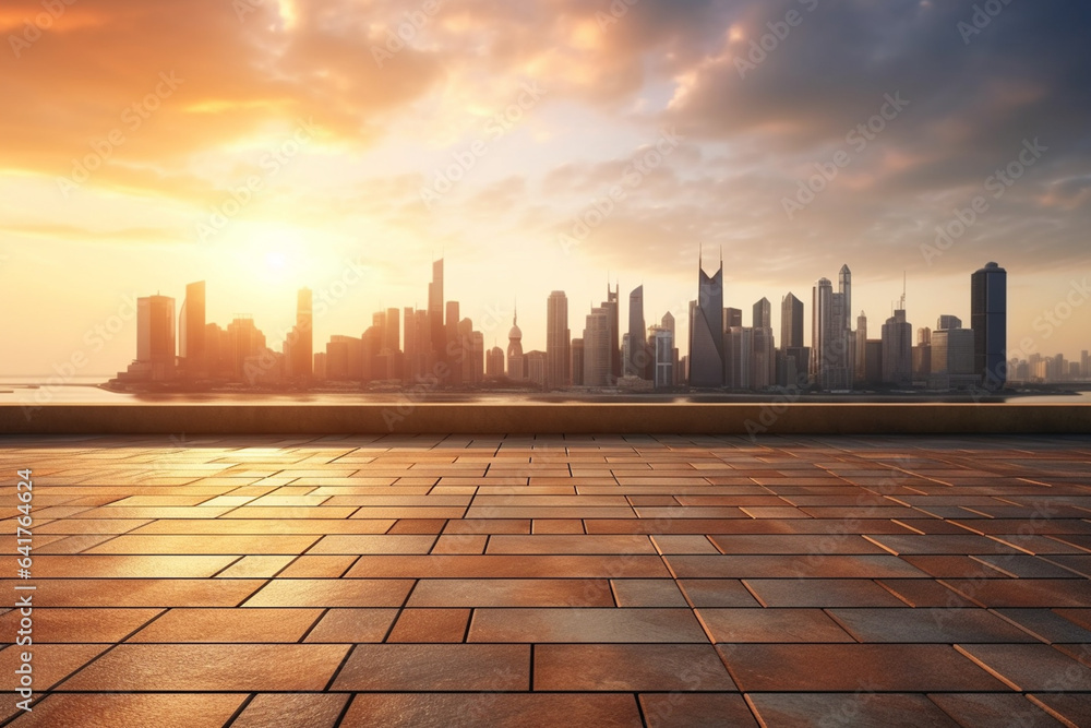empty brick floor with cityscape and skyline of shanghai at sunset