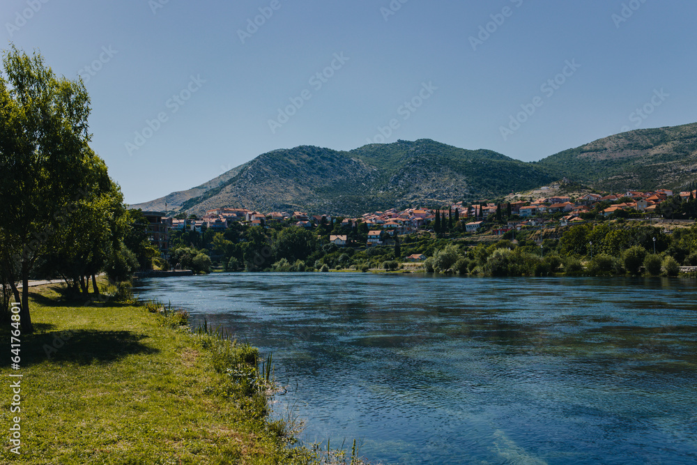 Amazing view of Trebinje city and the river in a sunny day.