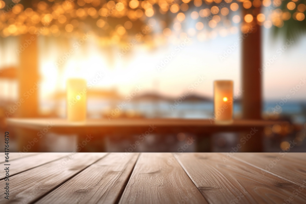 Fototapeta premium Empty wooden table and blurred background with bokeh, product display montage