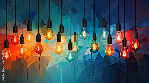 abstract light bulbs on light grey background, in the style of colorful cubist