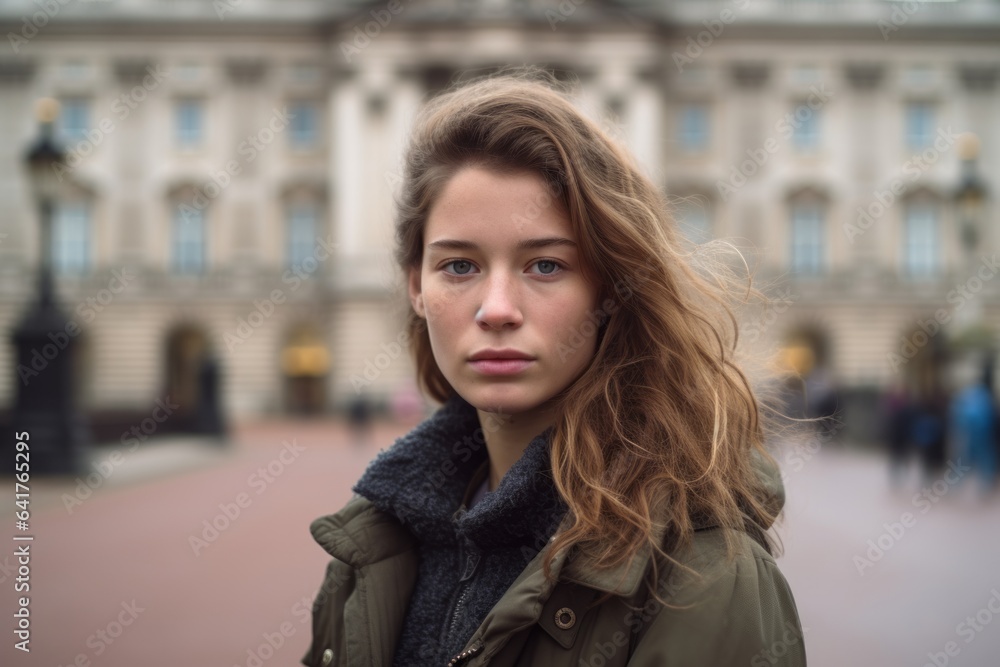 Photography in the style of pensive portraiture of a tender girl in her 40s wearing a rugged jean vest at the buckingham palace in london england. With generative AI technology Photography in the style of pensive portraiture of a tender girl in her 40s wearing a rugged jean vest at the buckingham palace in london england. With generative AI technology