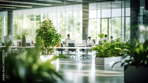 A contemporary, ecofriendly office space. White interior design. The workspace is welllit with natural light, showcasing sleek furniture and green plants for a refreshing, productive environment. © TensorSpark