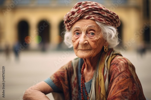 Close-up portrait photography of a merry old woman wearing a cute crop top at the louvre museum in paris france. With generative AI technology