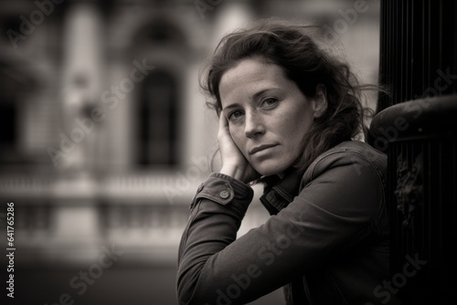 Photography in the style of pensive portraiture of a tender girl in her 40s wearing a rugged jean vest at the buckingham palace in london england. With generative AI technology