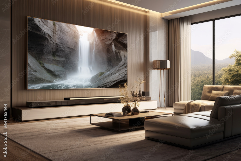 A waterfall scene projected on a big TV screen of a flat screen LCD attached to the wall in modern living room. Lifestyle concept for family and holidays. - obrazy, fototapety, plakaty 