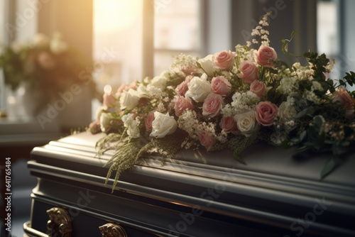 Flowers or funeral wreath lying on the coffin in the church, funeral theme.generative ai 