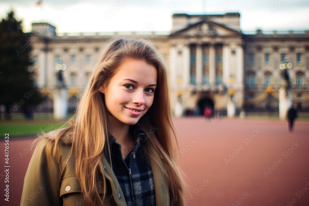Environmental portrait photography of a blissful girl in her 20s wearing a comfy flannel shirt at the buckingham palace in london england. With generative AI technology