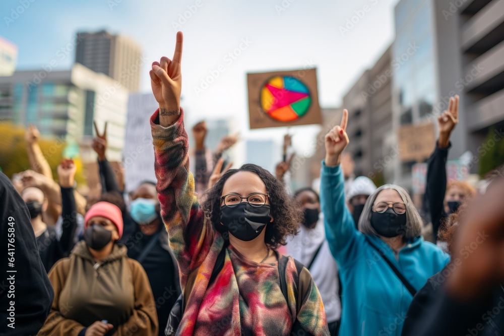 Male and female wearing mask hiding face activists protesting for human rights in social movement on street protest mob daylight