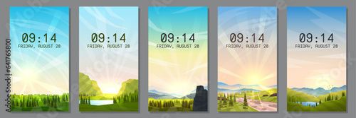 Vector illustration. Flat landscape collection. Design for phone wallpaper, flyer, coupon, voucher, leaflet. Wallpapers with text. Natural beautiful summer scenes. Modern geometric backgrounds set