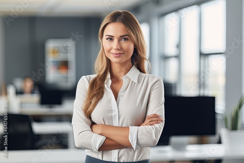 business cheerful successful woman in formal suit standing confident smile look at cemera in modern interior office business professional career work ocupation photo