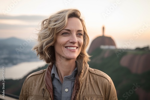 Medium shot portrait photography of a blissful mature woman wearing a trendy bomber jacket at the christ the redeemer in rio de janeiro brazil. With generative AI technology
