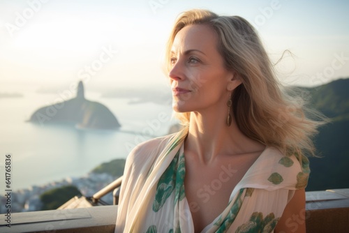 Photography in the style of pensive portraiture of a cheerful mature woman wearing a trendy off-shoulder blouse at the christ the redeemer in rio de janeiro brazil. With generative AI technology