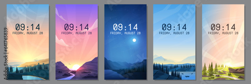 Vector illustration. Flat landscape collection. Design for phone wallpaper, flyer, coupon, voucher, leaflet. Wallpapers with text. Natural beautiful summer scenes. Modern graphic backgrounds set