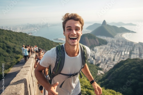 Environmental portrait photography of a joyful boy in his 20s wearing a lightweight running vest at the christ the redeemer in rio de janeiro brazil. With generative AI technology