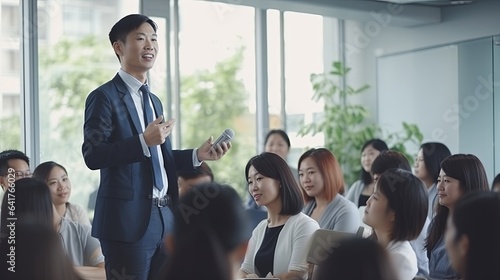 Group of business people in seminar formal meeting people in business formal wear cheerful enjoy listening big presentation meeting of company shareholder annual meeting in hall conference room