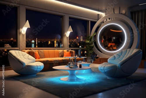 Modern interior futuristic living room night view with neon lights