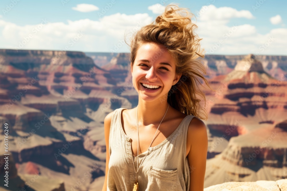 Photography in the style of pensive portraiture of a joyful mature woman wearing a cute crop top at the grand canyon in arizona usa. With generative AI technology Photography in the style of pensive portraiture of a joyful mature woman wearing a cute crop top at the grand canyon in arizona usa. With generative AI technology