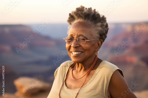 Close-up portrait photography of a satisfied mature woman wearing a cute crop top at the grand canyon in arizona usa. With generative AI technology