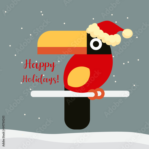Happy Holidays  Illustration with Toucan  and Santa Hat