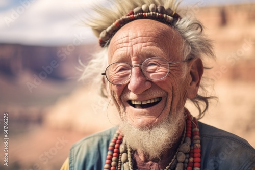 Medium shot portrait photography of a cheerful old man wearing a dramatic choker necklace at the grand canyon in arizona usa. With generative AI technology