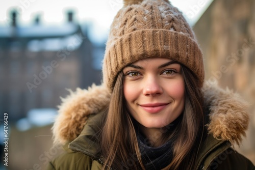 Close-up portrait photography of a merry girl in her 30s wearing a warm trapper hat at the edinburgh castle scotland. With generative AI technology