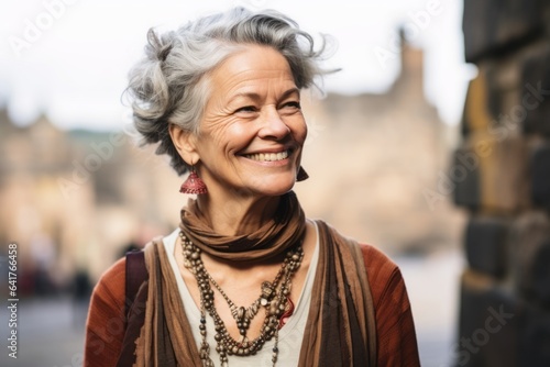 Environmental portrait photography of a cheerful mature woman wearing a whimsical charm necklace at the edinburgh castle scotland. With generative AI technology