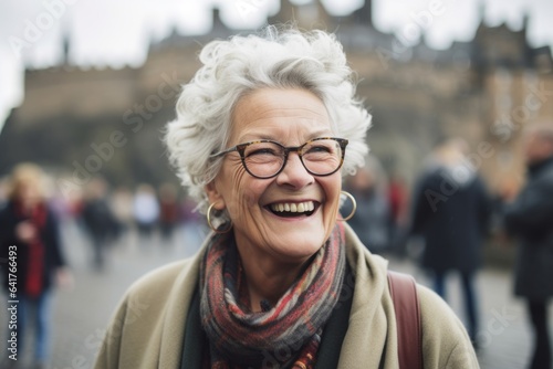 Environmental portrait photography of a cheerful mature woman wearing a whimsical charm necklace at the edinburgh castle scotland. With generative AI technology