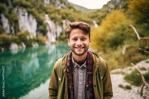 Medium shot portrait photography of a joyful boy in his 30s wearing a stunning statement necklace at the plitvice lakes national park croatia. With generative AI technology