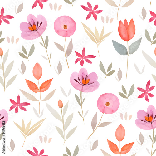 Watercolor seamless pattern with little pink red tulip flowers on a white background. Floral background