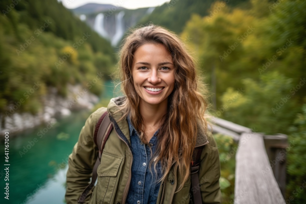 Medium shot portrait photography of a happy girl in her 20s wearing a rugged denim jacket at the plitvice lakes national park croatia. With generative AI technology